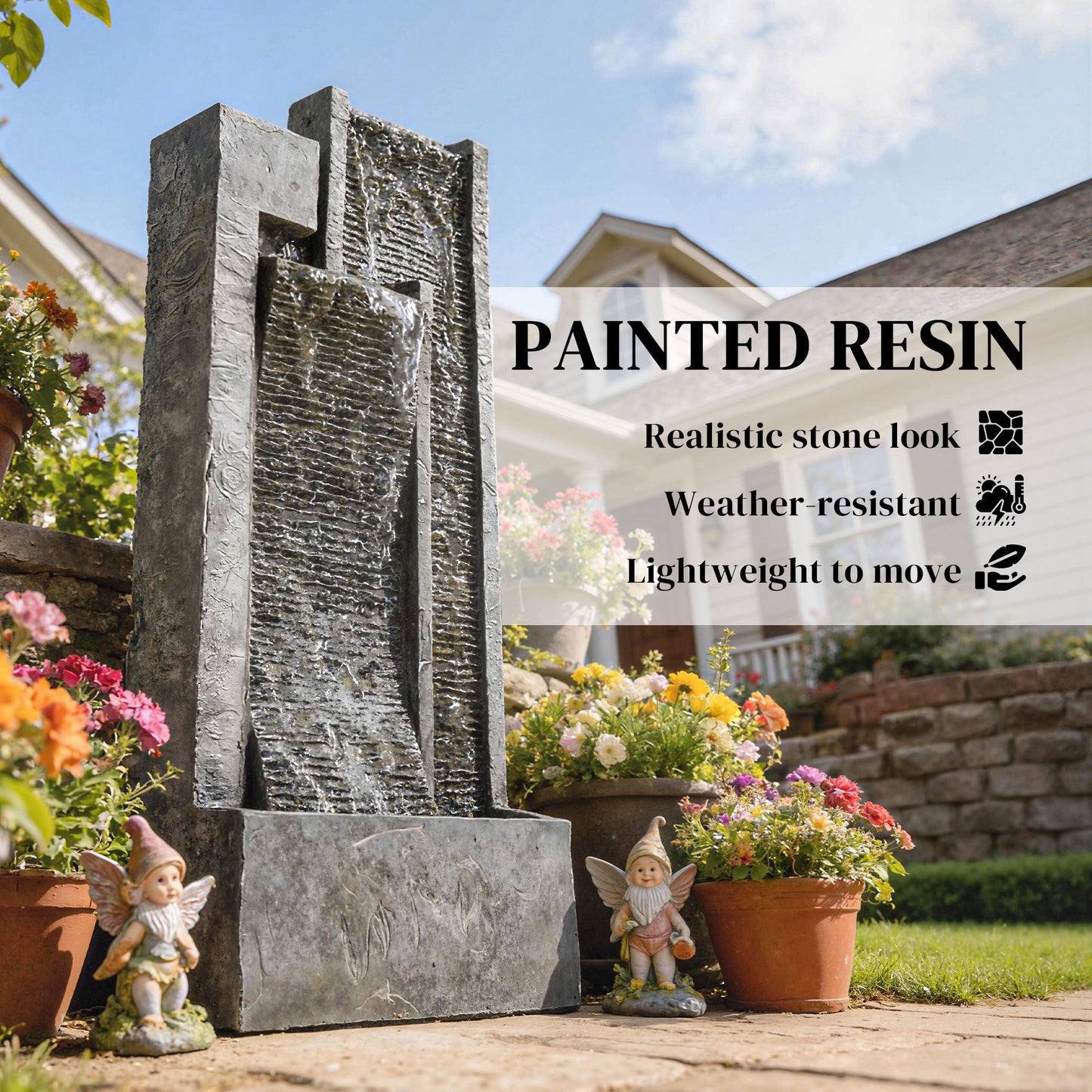 Tall 3-Tier Resin Waterfall Fountain with Top Planter | LED Lights | Water Curtain Effect | 22-25L | 12W | 230V | 3m Cable | 38x19x101cm | Garden Patio & Balcony | Dark Grey