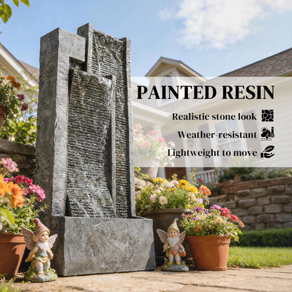 Tall 3-Tier Resin Waterfall Fountain with Top Planter | LED Lights | Water Curtain Effect | 22-25L | 12W | 230V | 3m Cable | 38x19x101cm | Garden Patio & Balcony | Dark Grey