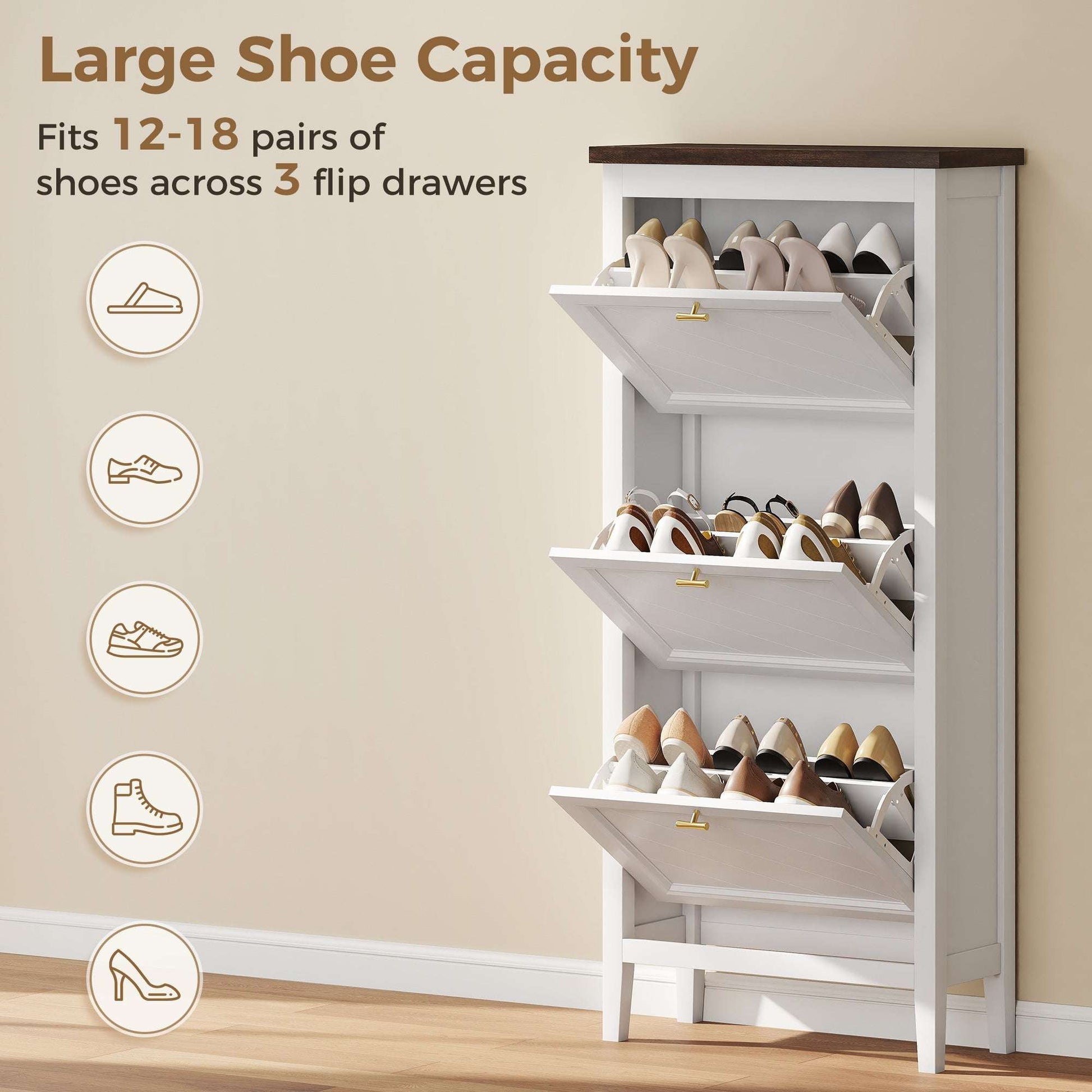 Farmhouse Narrow Shoe Cabinet | 3 Flip Drawers | Adjustable Shelves | 12-18 Pairs | Slim 26.5cm Depth | Max UK 9.5 | Anti-Tipping | MDF | 60x26.5x133.7cm | White