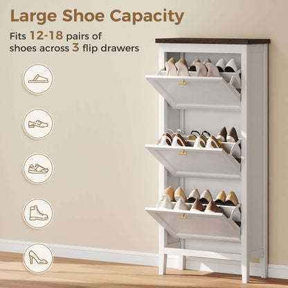 Farmhouse Narrow Shoe Cabinet | 3 Flip Drawers | Adjustable Shelves | 12-18 Pairs | Slim 26.5cm Depth | Max UK 9.5 | Anti-Tipping | MDF | 60x26.5x133.7cm | White