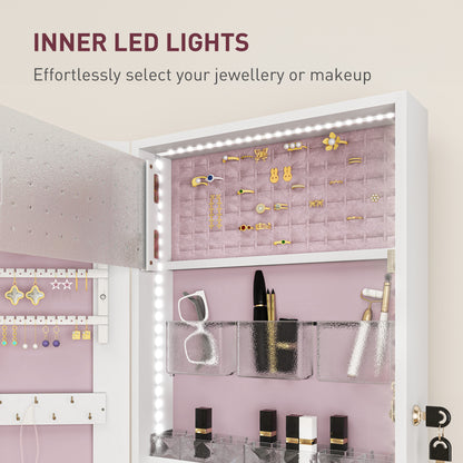 108 x 37cm Lockable Jewellery Cabinet, with LED Lights - White Surface and Pink Lining