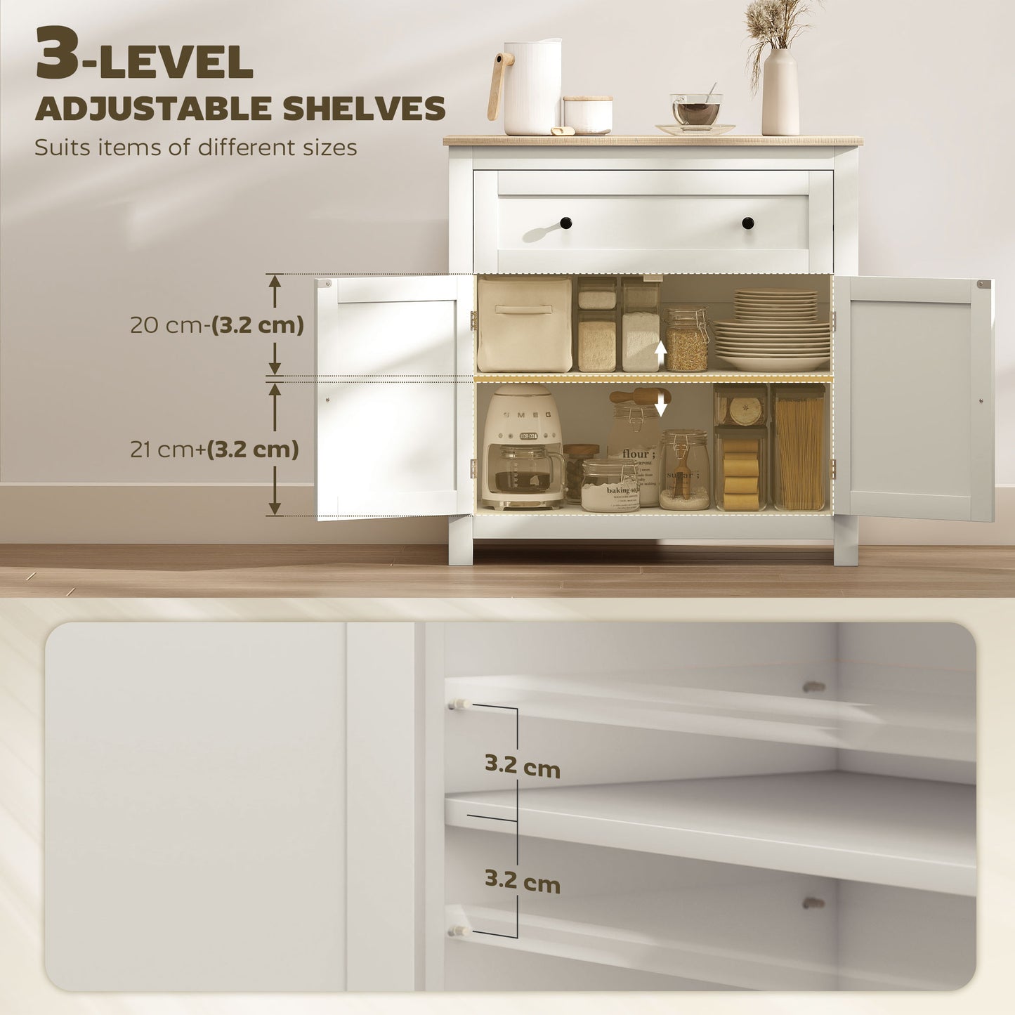 Sideboard Storage Cabinet, Modern Kitchen Cupboard with Adjustable Shelf, Drawer and Double Doors