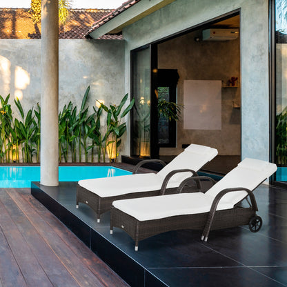 Outsunny 2 Pieces Rattan Sun Lounger Recliner Bed Reclining Chair Patio Garden Outdoor Wicker Weave Adjustable Headrest with Fire Retardant Cushion – Brown