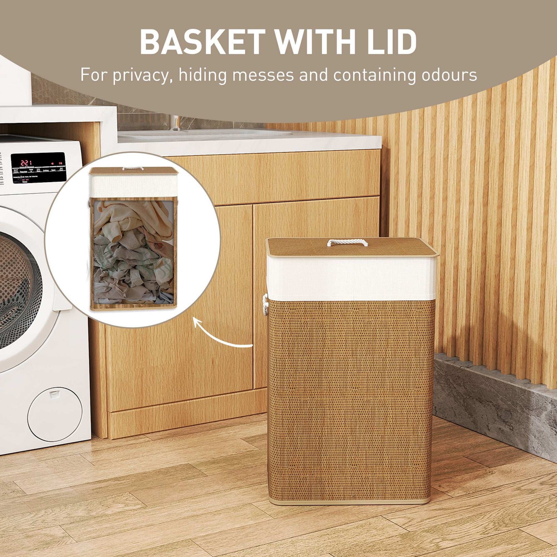 Bamboo Bathroom Washing Laundry Basket with Lid, 72L Laundry Hamper with Rope Handles for Bathroom, Bedroom, Brown