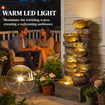 5-Tier Resin Cascading Waterfall Fountain | Hand-Painted Weathered Stone Look | 4 Warm LED Lights | 3-Speed Adjustable Pump | 5W | 230V | 3m Cable | 31x25.5x72cm | Garden Patio & Balcony | Rustic Brown