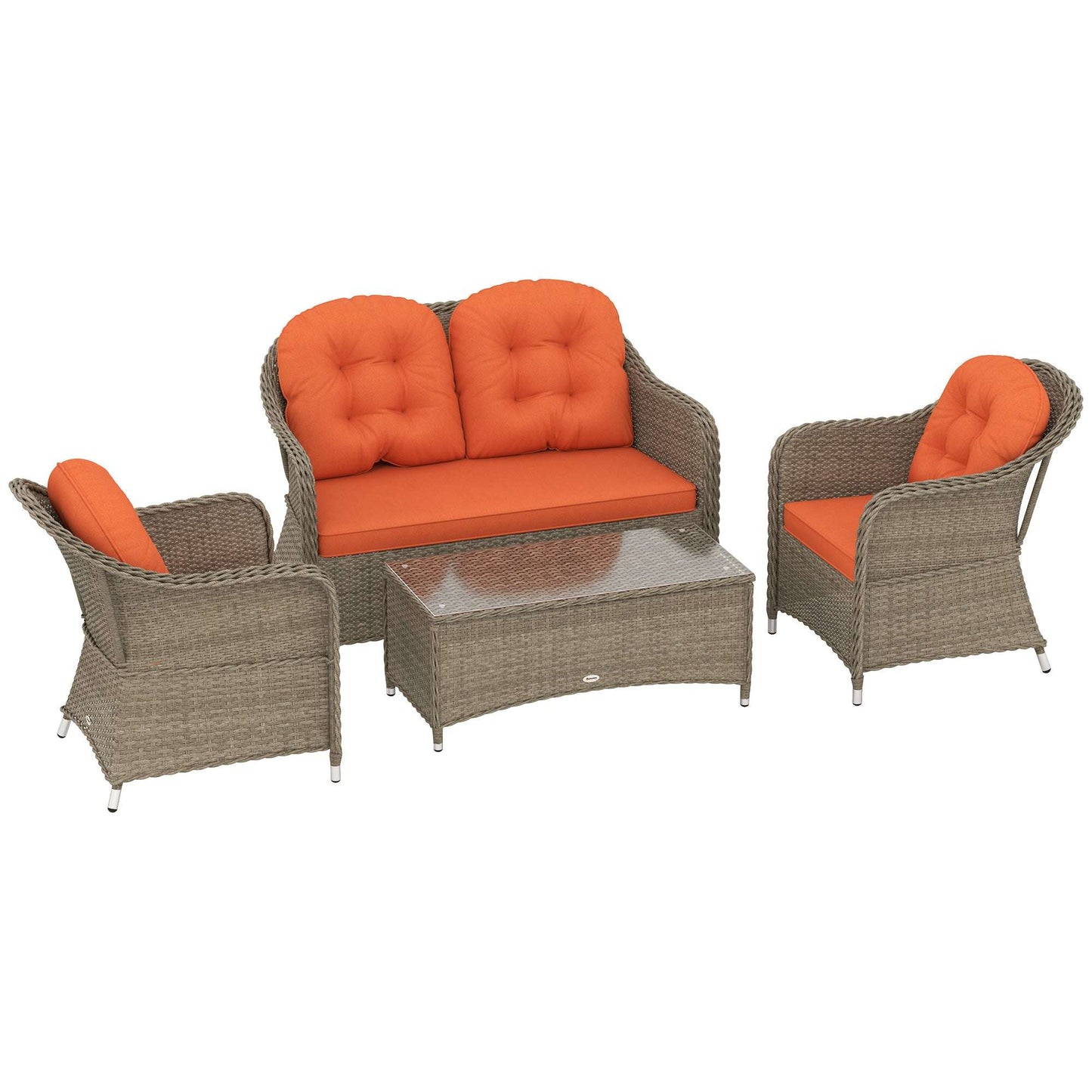 Outsunny Four-Piece Rattan Sofa Set, with Glass-Top Table - Orange