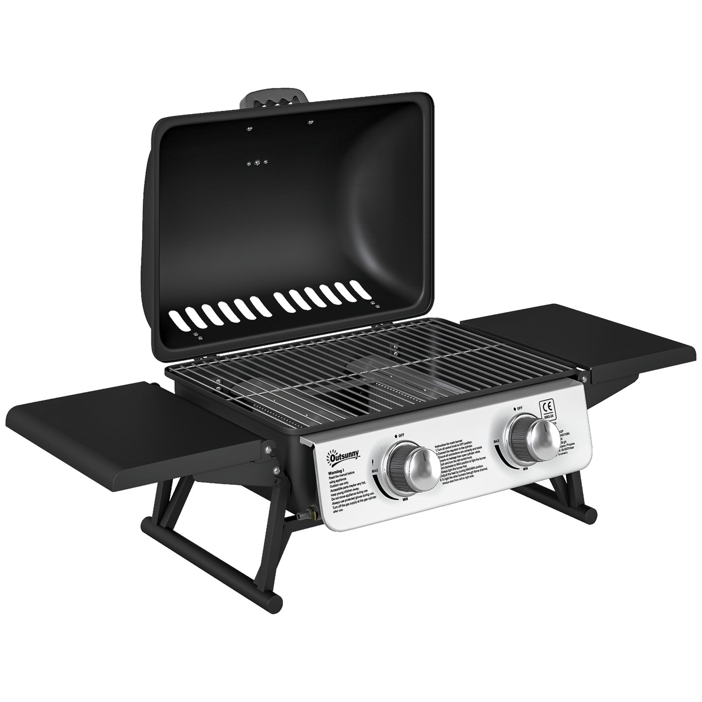 2 Burner Gas BBQ Grill with Foldable Side Tables, Portable Tabletop Gas Barbecue with Built-in Thermometer, Lid, Grease Tray, Outdoor Cooking 5.6KW, Black