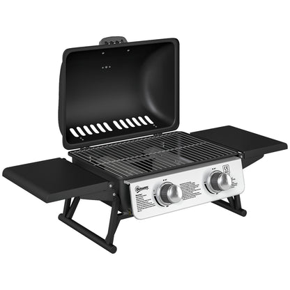 2 Burner Gas BBQ Grill with Foldable Side Tables, Portable Tabletop Gas Barbecue with Built-in Thermometer, Lid, Grease Tray, Outdoor Cooking 5.6KW, Black