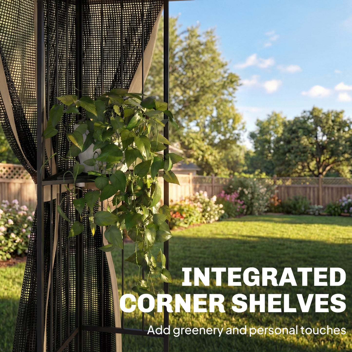 3x3m Permanent Garden Gazebo | Double-Tier UPF50+ Roof | Mesh Panels | Integrated Corner Shelves | Triangular Powder-Coated Posts | Adjustable Struts | Ground Stakes | Brown