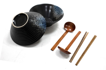 Maison & White Ramen Bowl Set of 2 | Blue-Finish Stoneware, 20cm & 1000ml Each | Wooden Chopsticks & Spoons Included | 2-Year Warranty