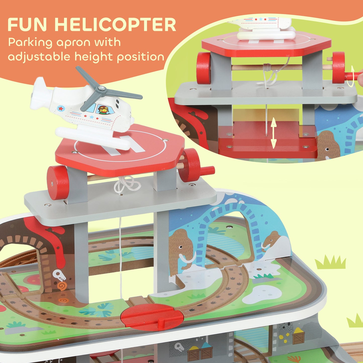 AIYAPLAY 79 Piece Wooden Train Set, Kids Train Track Mine Themed with Crane, Helicopter