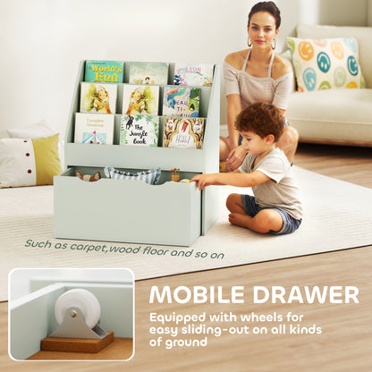 AIYAPLAY Bookcase for Kids with Shelves, Drawer, Bookcase for Bedroom, Playroom, Green / Grey / Pink
