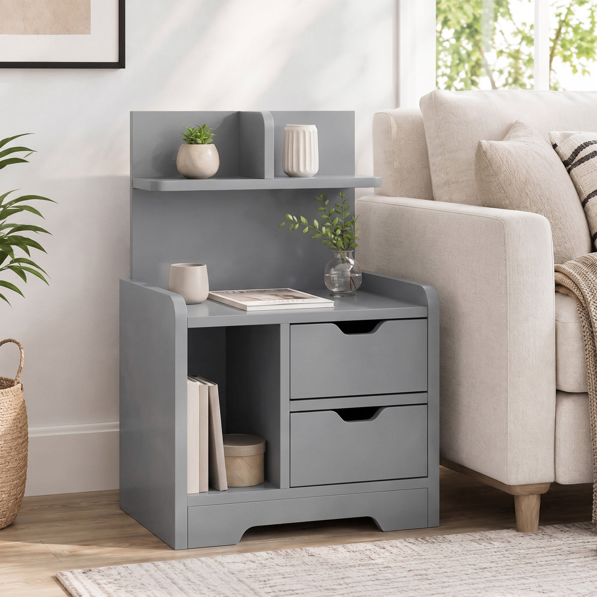 Bedside Table with 2 Drawers & Open Shelves | Grey Particleboard | 40x30x60cm | 30kg | Cut-Out Handles | Rounded Corners | Top & Bottom Shelves | Modern Nightstand | Bedroom Side Table