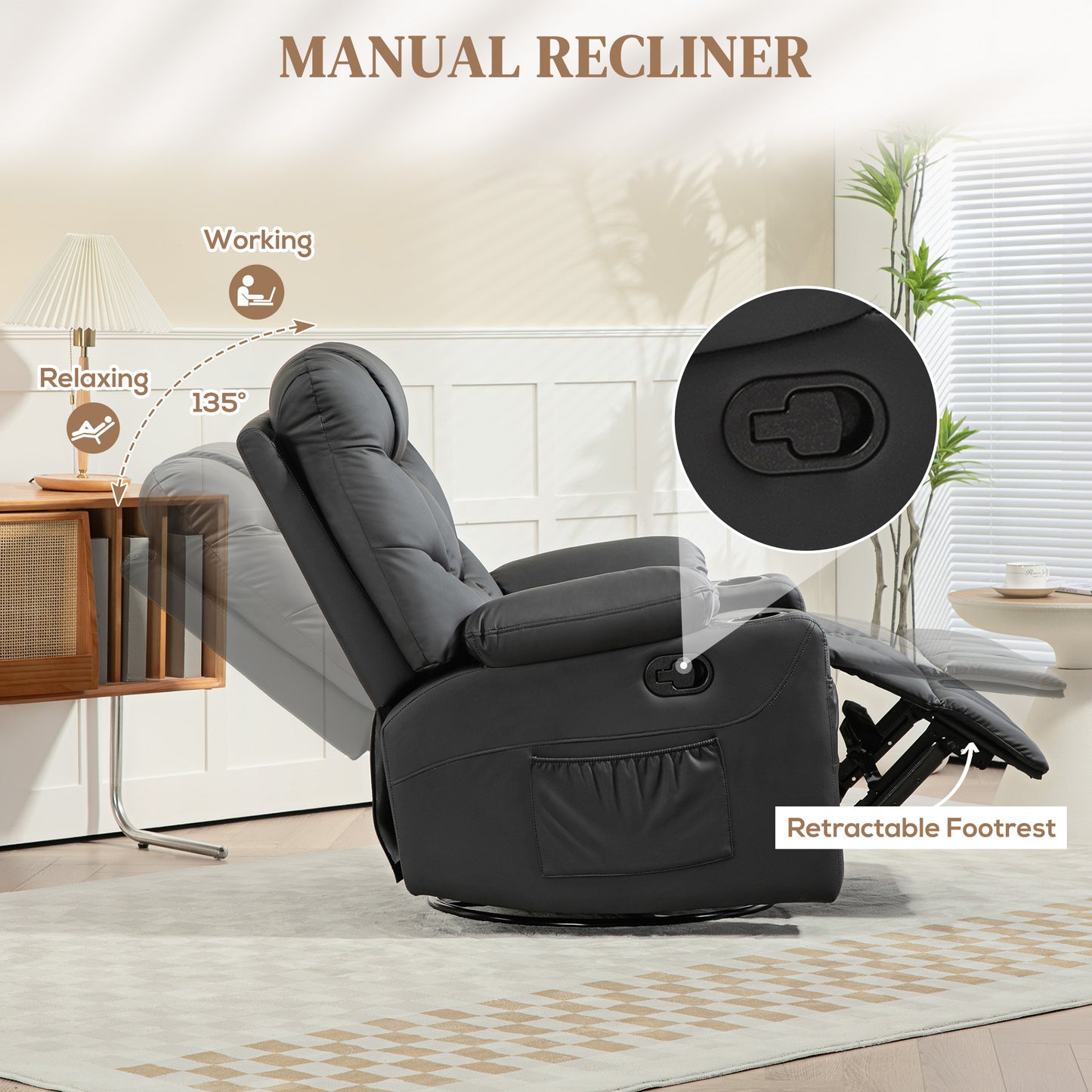 Manual Reclining Chair, Recliner Armchair with Swivel, Faux Leather, Footrest, Cup Holders, 86x93x102cm, Black