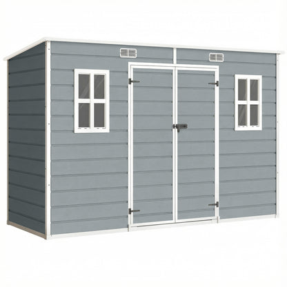 Large PP & Aluminium Garden Storage Shed | Built-In Floor | Double Doors | Lock & Keys | 2 Windows | 2 Vents | UV-Resistant | 40kg/m² Snow Load | 303x123x197cm | 3.2m² | Mowers Bikes & Tools | Grey