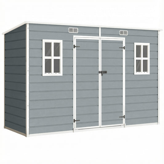 Large PP & Aluminium Garden Storage Shed | Built-In Floor | Double Doors | Lock & Keys | 2 Windows | 2 Vents | UV-Resistant | 40kg/m² Snow Load | 303x123x197cm | 3.2m² | Mowers Bikes & Tools | Grey
