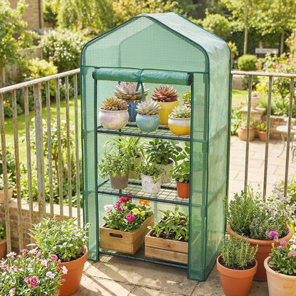 3-Tier Mini Greenhouse | Steel Frame | 140gsm PE Cover | Roll-Up Zip Door | 5kg Per Shelf | 59x39x127cm | Green