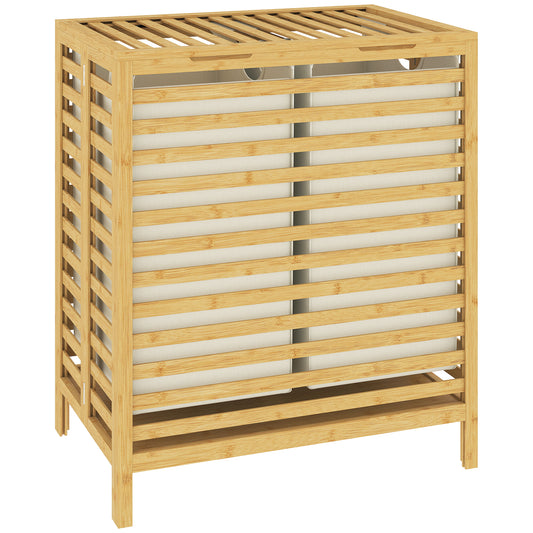 Bamboo Laundry Basket | Double 64L | 2 Washable Oxford Bags | Lid | Top Shelf | Foldable | 30kg | Natural & Cream White