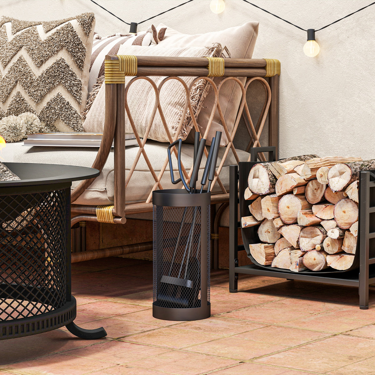 5-Piece Fireplace Tools Set | Mesh Basket | Broom | Shovel | Tongs | Poker | Indoor & Outdoor | Black