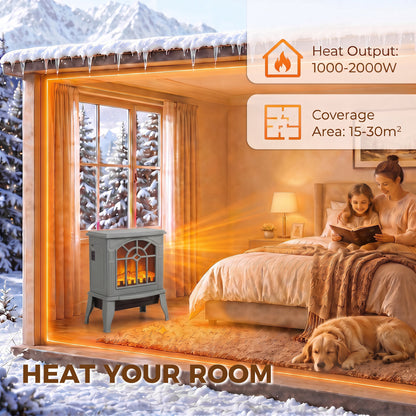 Electric Fireplace Stove | Grey Freestanding 2000W Heater with 3D LED Flame Effect