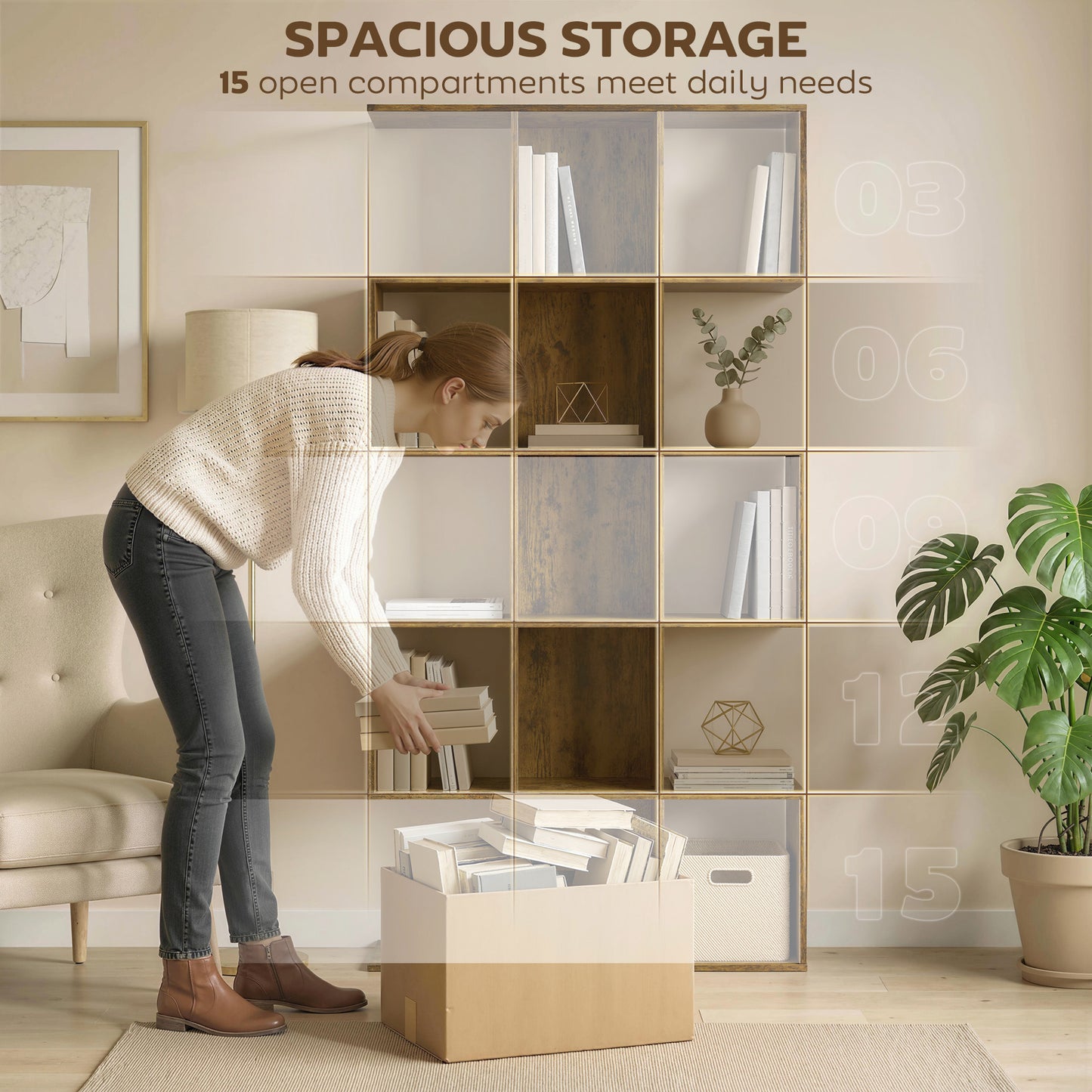 5-Tier S-Shaped Bookcase | 15 Compartments | Rustic Brown | 80 x 157.5 cm