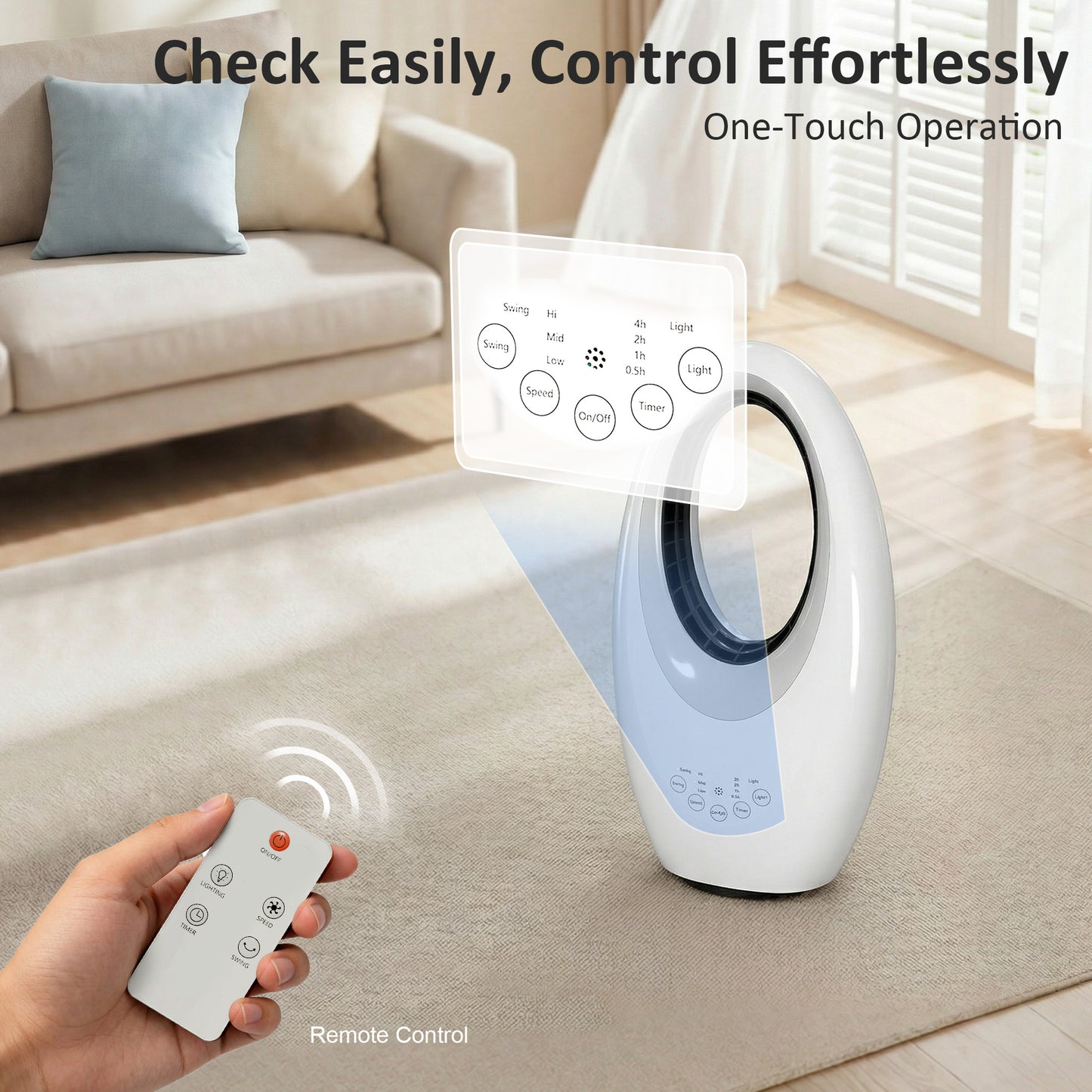 Bladeless Tower Fan | 36dB Quiet | 60° Oscillation | 4-Colour LED | 3 Speeds | 7.5hr Timer | Remote | White