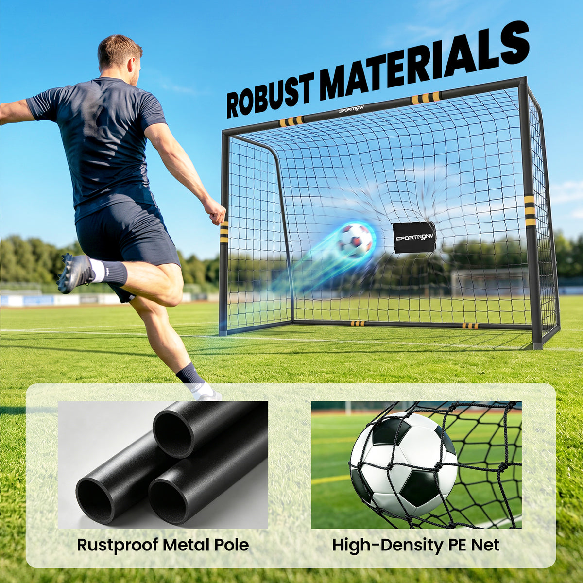 10 x 6.5ft Football Goal | Metal Frame | EPE Foam Padding | PE Net | Ground Stakes | Garden & Park Training | Yellow
