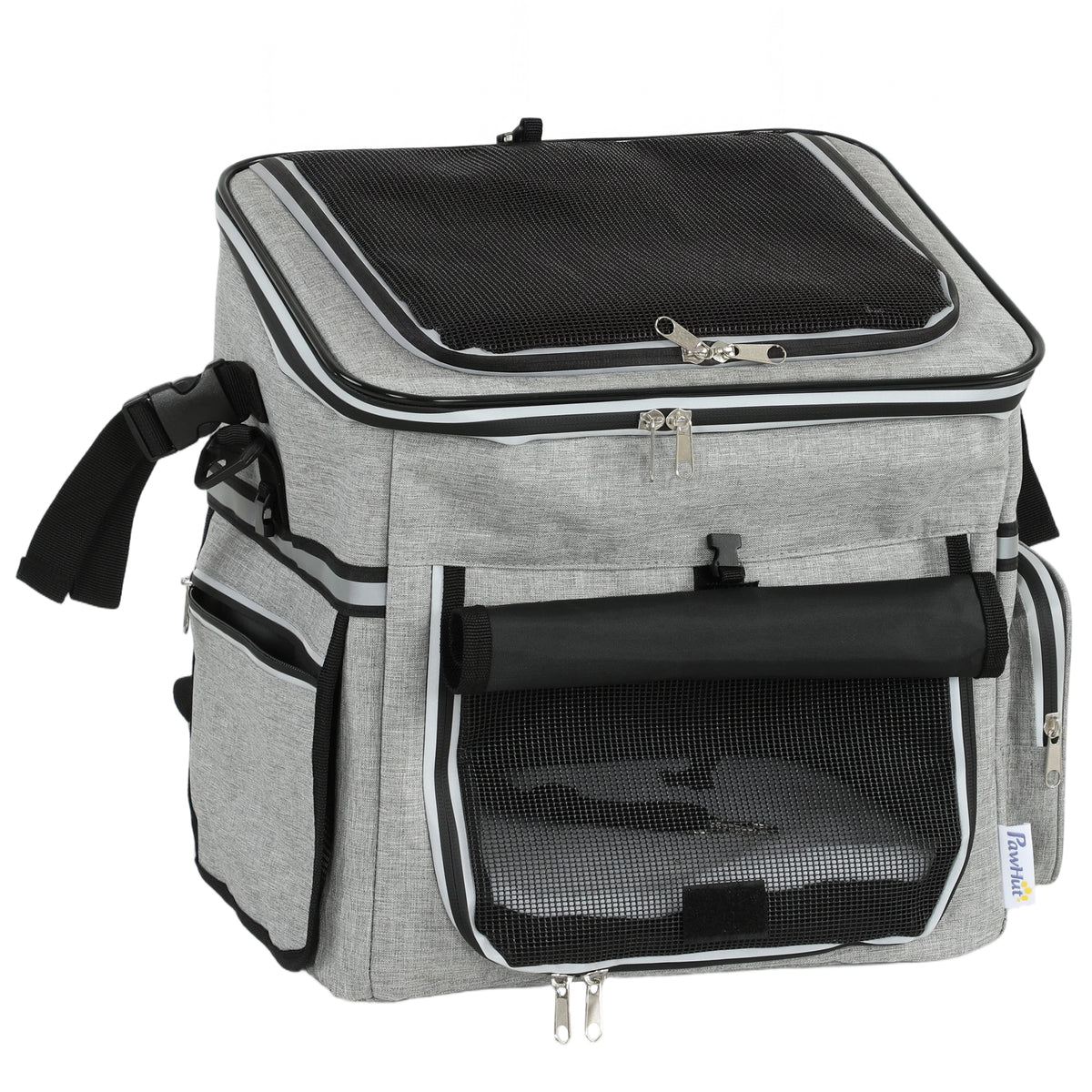 Dog Bike Basket Soft-Sided Pet Carrier | Security Leash | Mesh Doors & Windows | Plush Cushion | Roller Blind | Side Pockets | Includes Bowl | 5kg Capacity | 33x26x35cm | 300D Cloth | Light Grey