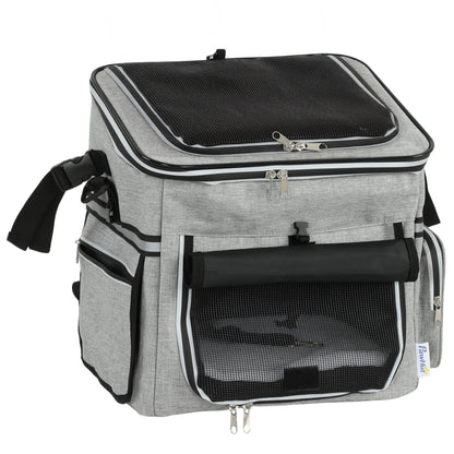 Dog Bike Basket Soft-Sided Pet Carrier | Security Leash | Mesh Doors & Windows | Plush Cushion | Roller Blind | Side Pockets | Includes Bowl | 5kg Capacity | 33x26x35cm | 300D Cloth | Light Grey
