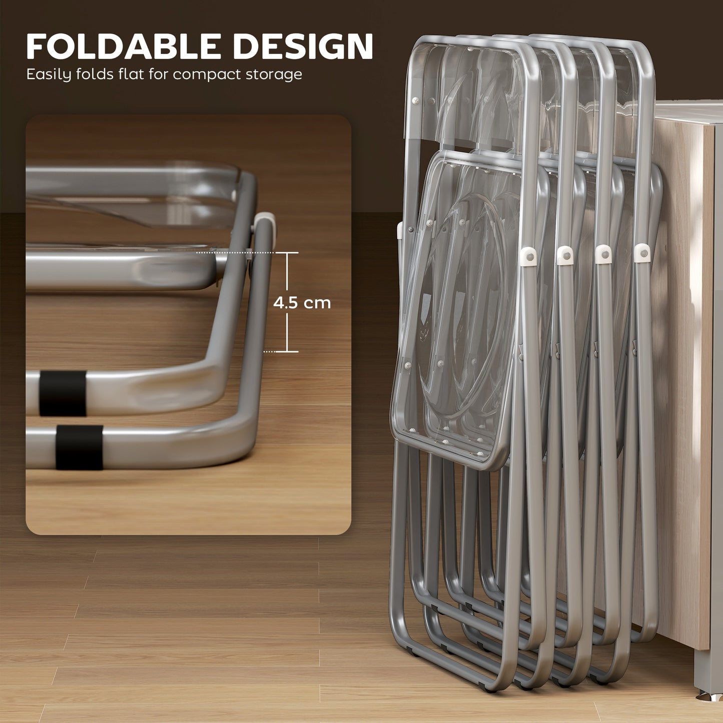 Set of 4 Transparent Acrylic Folding Chairs | Steel Frame | Folds to 4.5cm | No Assembly | Non-Slip Feet | 120kg | 47x48x75cm | Clear