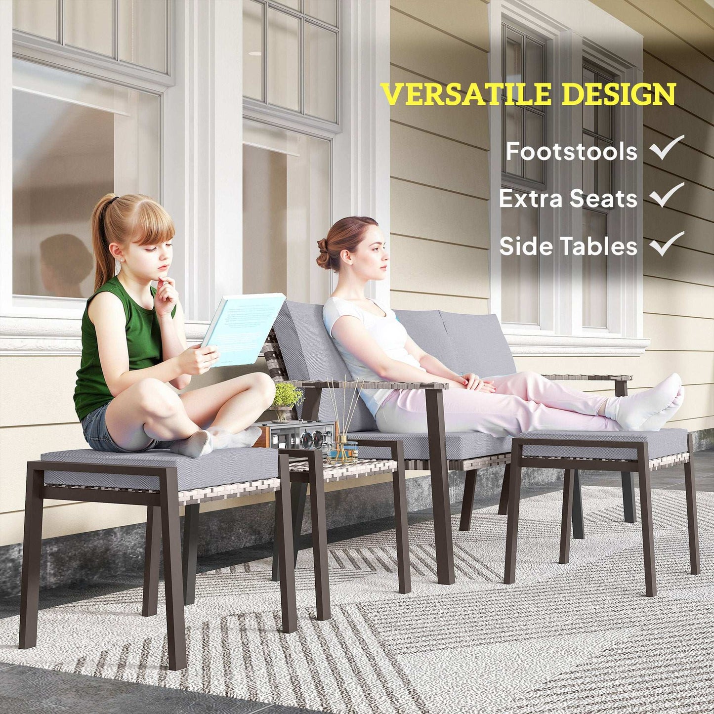 Outsunny 5 Piece Rattan Garden Furniture Set with 3-Seater Sofa 2 Chairs and 2 Footstools - Grey