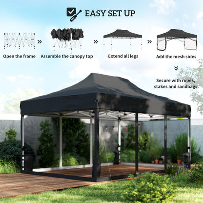3x4.5m Heavy Duty Pop Up Gazebo | UPF50+ 420D Oxford Fabric | 4 Mesh Nettings | 12 Rainwater Holes | 3 Height Settings | Windproof Level 4-6 | Snow Rated | Full Stability Kit | Wheeled Bag | Black