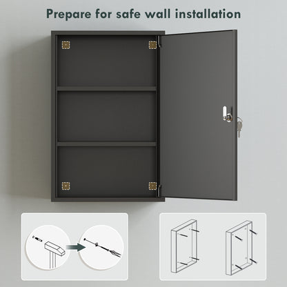 Kleankin 3-Tier Wall-Mounted Lockable Medicine Cabinet | Black Steel | 40x18x60cm | 2 Keys | Rust-Resistant | Pre-Drilled | Bathroom Kitchen | First Aid Storage