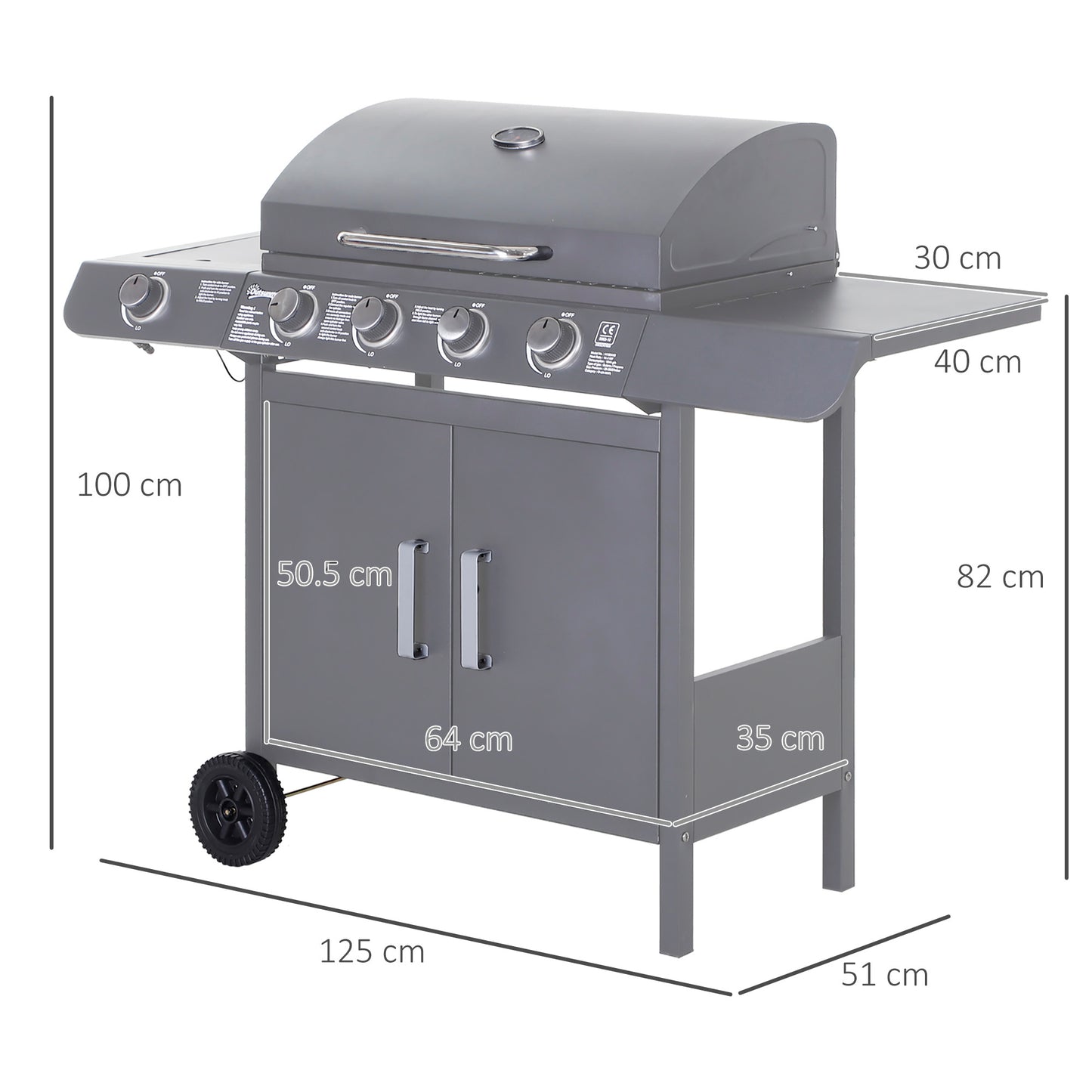 4+1 Burner Gas BBQ Grill, Outdoor Barbecue Trolley with Wheels, Warming Rack, Side Shelves, Cabinet, Thermometer for Garden, Party, Camping