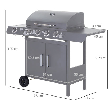 4+1 Burner Gas BBQ Grill, Outdoor Barbecue Trolley with Wheels, Warming Rack, Side Shelves, Cabinet, Thermometer for Garden, Party, Camping