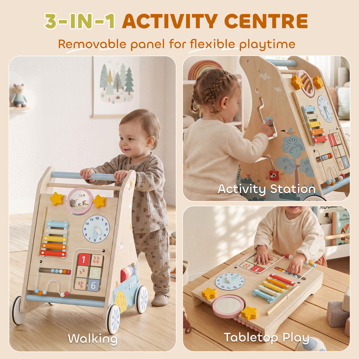 Wooden Baby Walker | Detachable Double-Sided Activity Board, Push-Along Learning Toy with Storage | 1-3 Years | Natural Finish