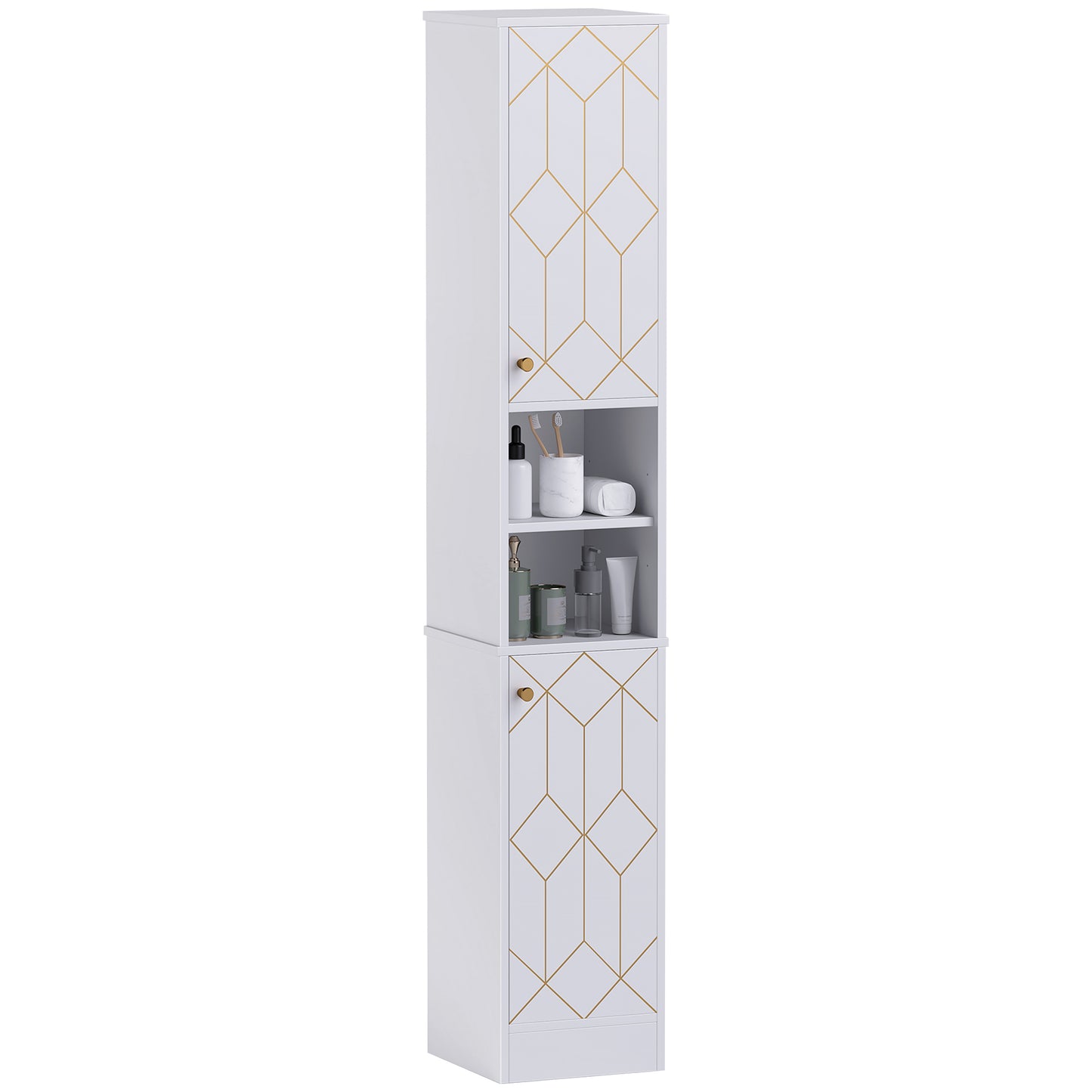 Tall Bathroom Storage Cabinet with Doors | Slim Freestanding | Adjustable Shelves | Gold Tone Handles | White