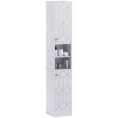 Tall Bathroom Storage Cabinet with Doors | Slim Freestanding | Adjustable Shelves | Gold Tone Handles | White