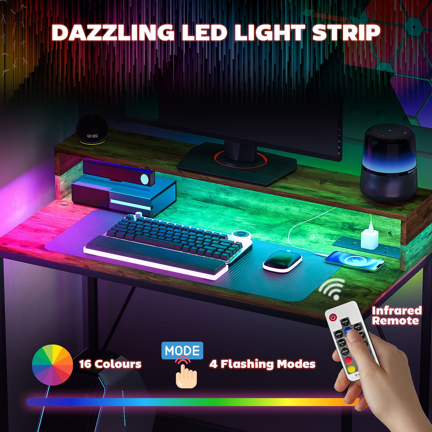 Computer Desk W/ LED Lights and Power Outlets, Gaming Desk W/ Monitor Stand, Computer Table with Remote for Home Office Study, Rustic Brown