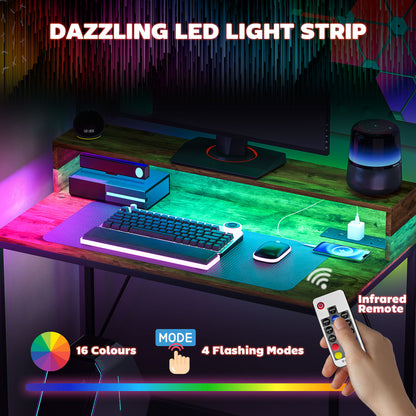 Computer Desk W/ LED Lights and Power Outlets, Gaming Desk W/ Monitor Stand, Computer Table with Remote for Home Office Study, Rustic Brown