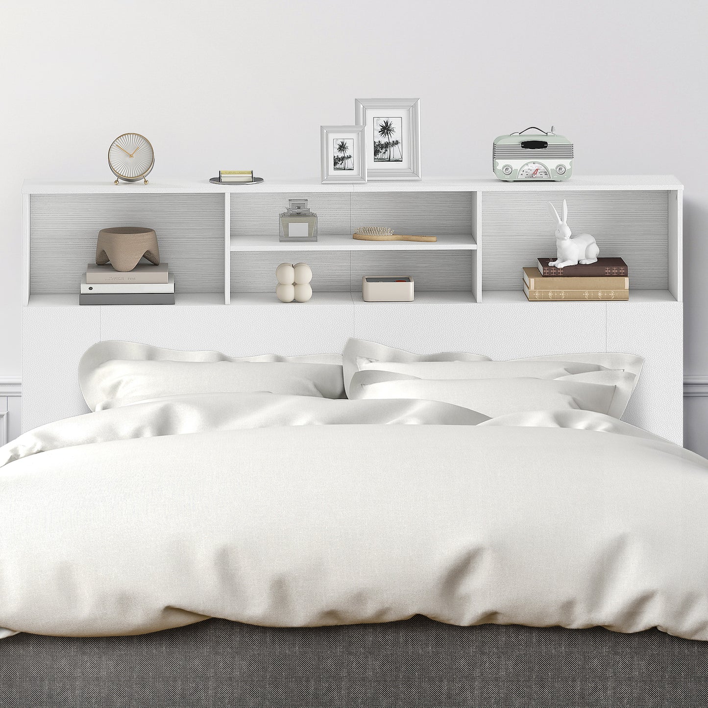 King Size Headboard with Storage | 4 Open Compartments | Freestanding | Scratch-Resistant Melamine | Anti-Tip Kit | White | 160cm