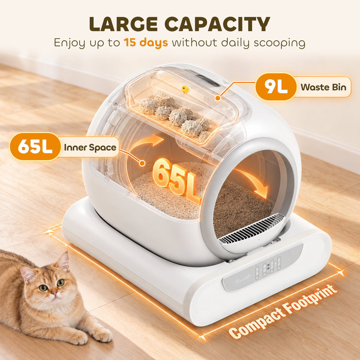 PawHut Self-Cleaning Cat Litter Box | 65L Inner Chamber & 9L Waste Bin | 2.4GHz App Control, Scheduled Cleaning & Low Entry | White/Grey
