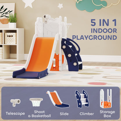 5-in-1 Kids Slide Set with Basketball Hoop, Climbing Frame, Telescope & Storage Box – Anti-Slip Steps, HDPE, Ages 1–3 – Orange