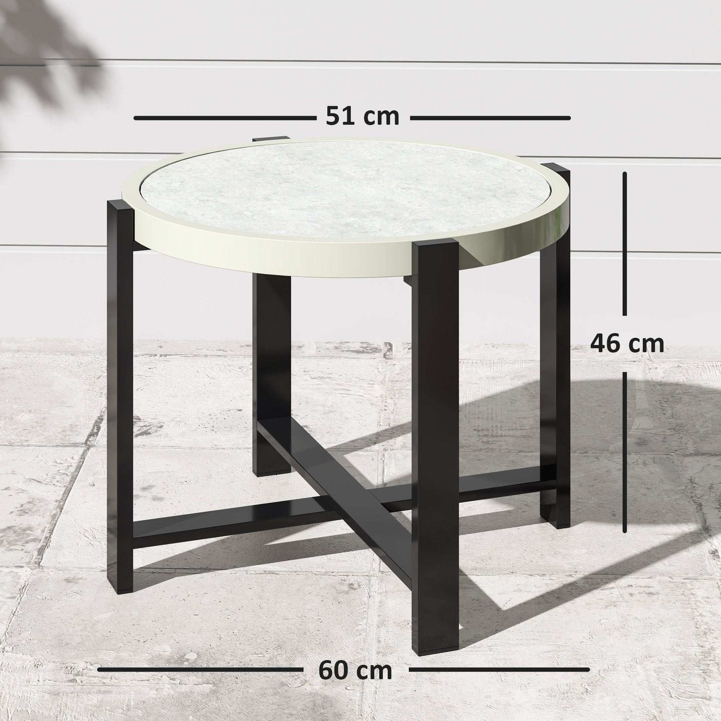 Round Small Garden Table, 60cm Outdoor Side Table with Faux Marble Tempered Glass Top, Aluminium Frame for Patio, Balcony, Light Grey