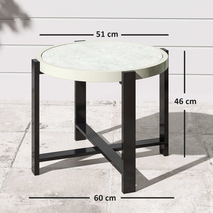 Round Small Garden Table, 60cm Outdoor Side Table with Faux Marble Tempered Glass Top, Aluminium Frame for Patio, Balcony, Light Grey
