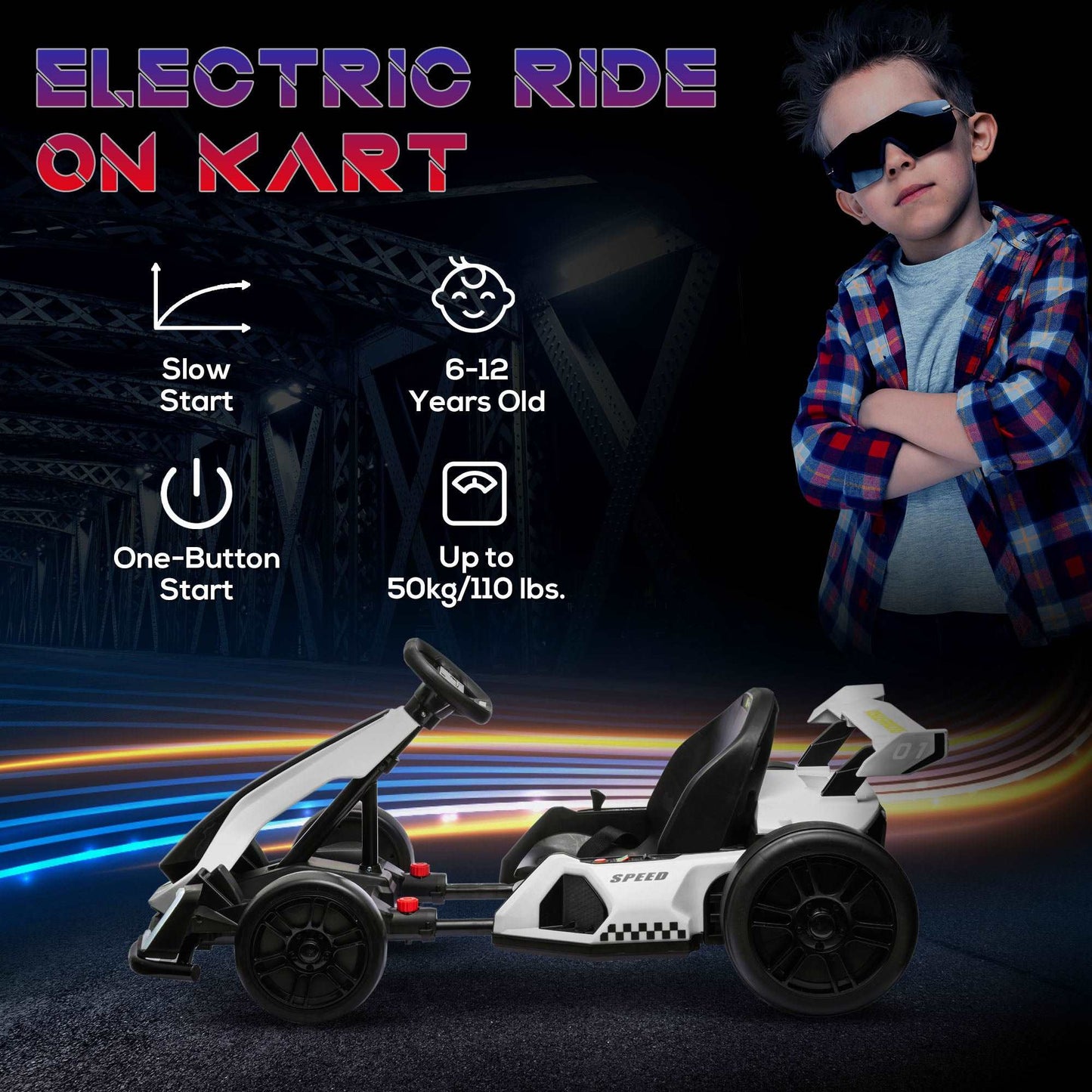 24V Electric Go Kart for Kids with Adjustable Seat for 6-12 Years Old, White