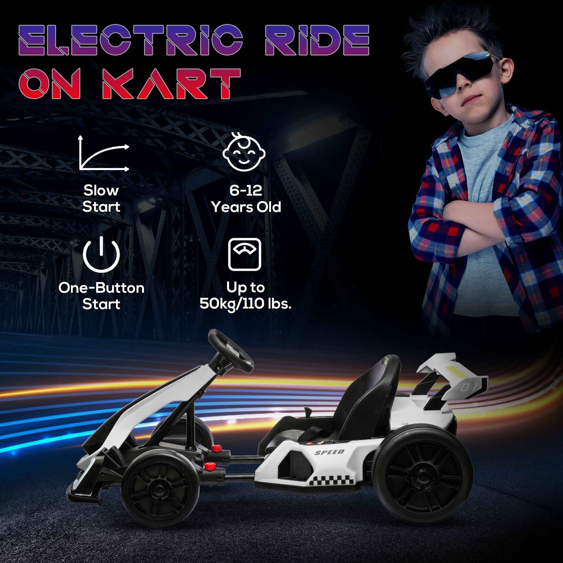 24V Electric Go Kart for Kids with Adjustable Seat for 6-12 Years Old, White