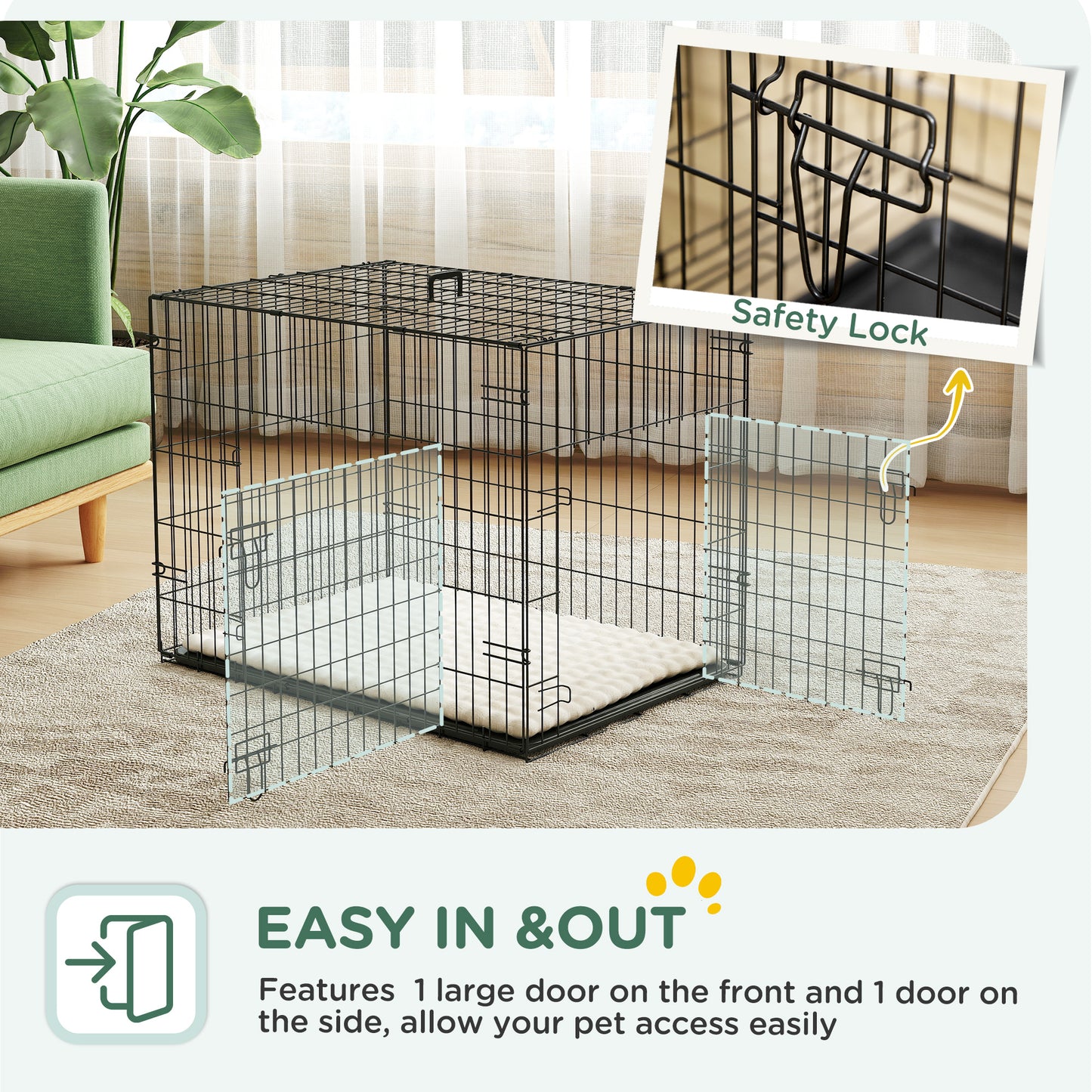 Foldable Dog Crate S | 2 Doors | Soft Washable Cushion | Removable ABS Tray | Small Dogs up to 10kg | 76 x 53 x 60cm | Black