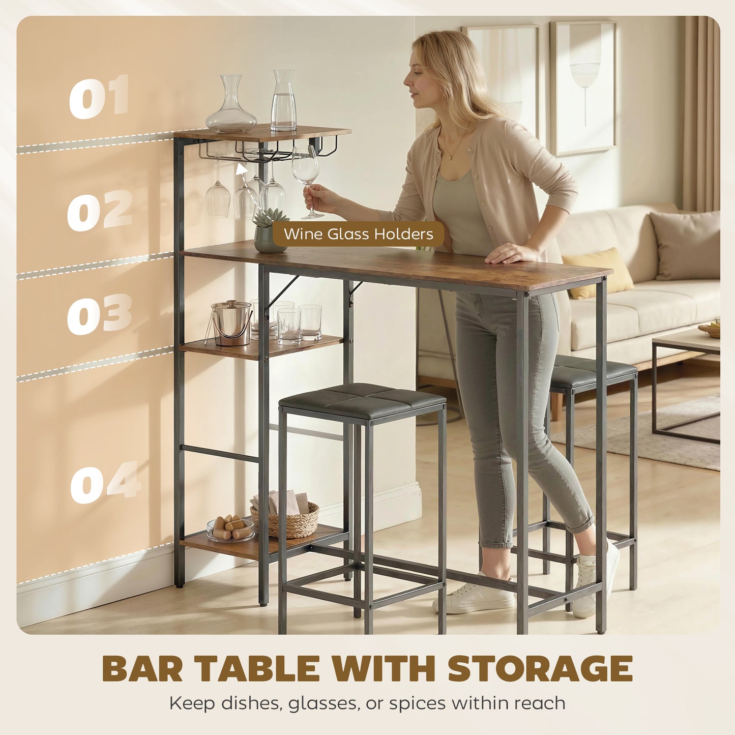 3-Piece Breakfast Bar Table & Stools Set | 4-Tier Shelving | Wine Glass Racks | Faux Leather Stools | Footrests | Rustic Brown