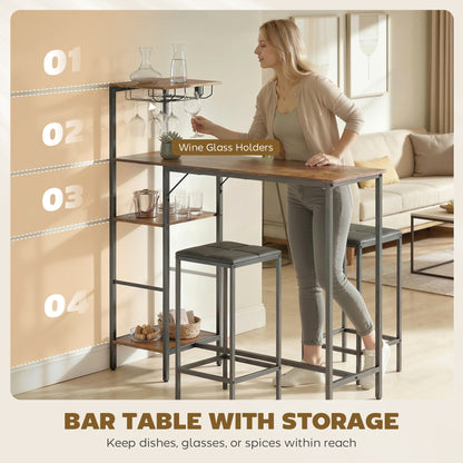 3-Piece Breakfast Bar Table & Stools Set | 4-Tier Shelving | Wine Glass Racks | Faux Leather Stools | Footrests | Rustic Brown